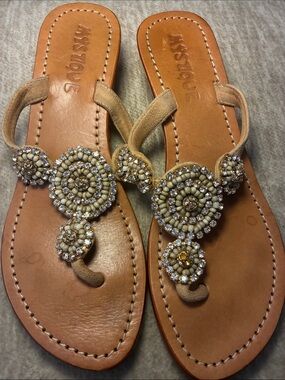 Mystique Boutique Tan Beaded Thong Sandals